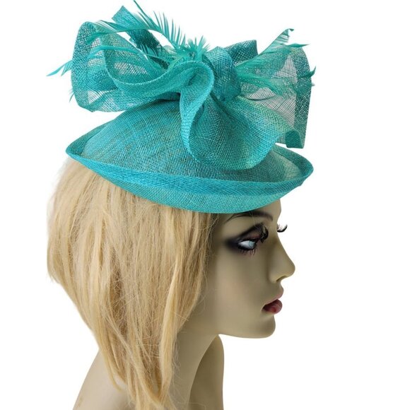 Teal Blue Fascinator with an Upturned Brim Sinamay Loops Rosettes and Feathers - Picture 1 of 16